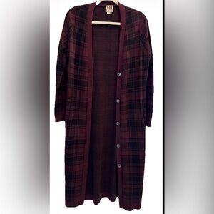 Haute Hippie Cozy Merino Wool Burgundy Blk Plaid Duster Cardigan Preppy Boho Sm